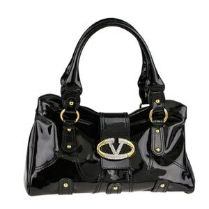 Valentino Garavani Black Patent Leather Crystal V Catch Satchel Bag